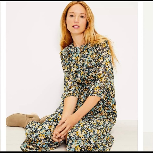 NWT Loft Floral Ruffle Midi Shirtdress - Picture 2 of 11
